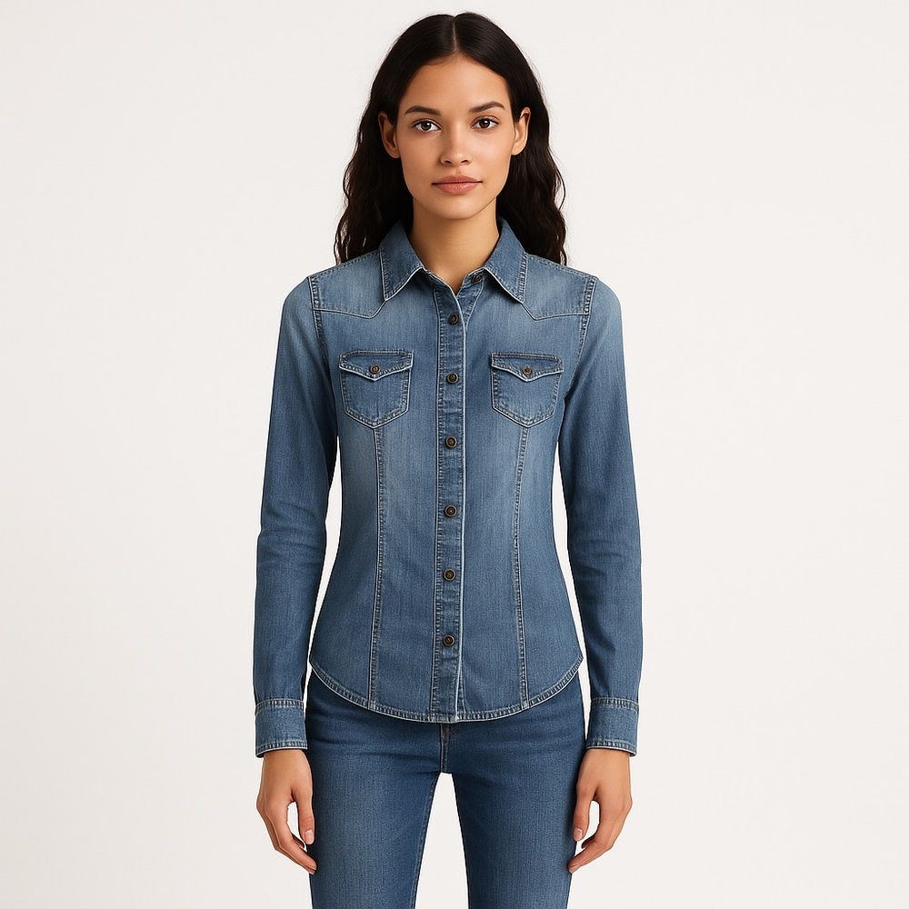 GUESS jeans snap button down shirt blue denim 100% cotton coastal cowgirl XXS